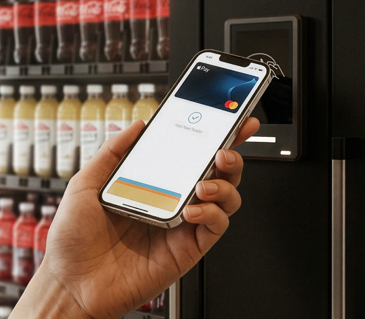 Step one of premium vending with Ameni: a person taps a phone with Apple Pay on the smart cooler card reader in a Sydney office