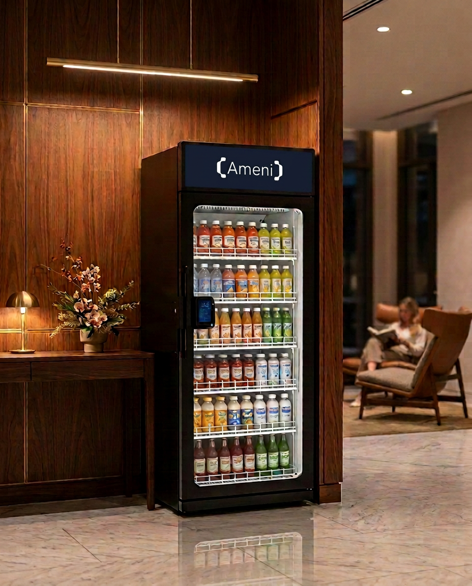 Ameni SRK premium vending smart cooler in a walnut-panelled hotel lobby amenity nook in Greater Sydney