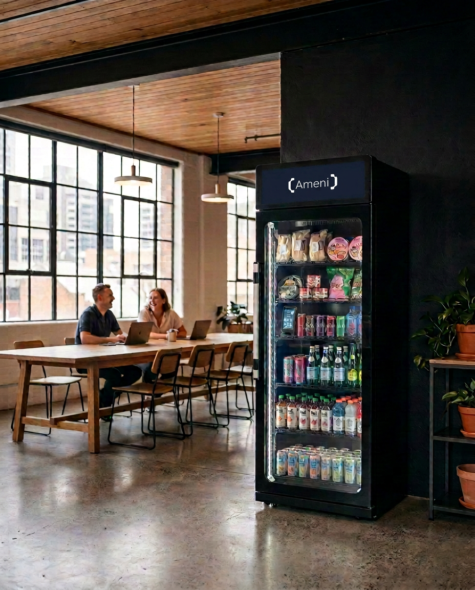 Ameni VRK premium vending smart fridge fully stocked with drinks and snacks in a modern Sydney workplace