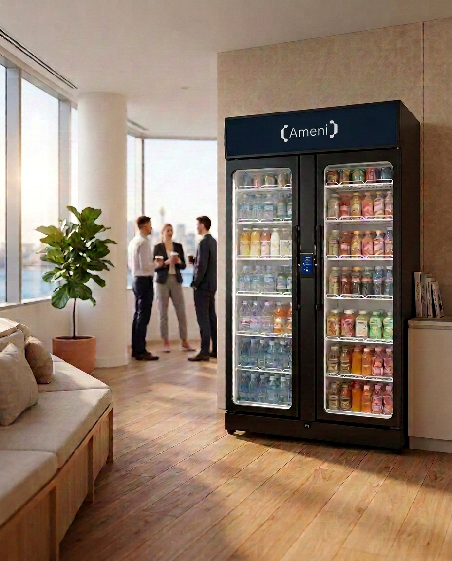 Fully serviced Ameni SRK2 premium vending smart cooler in a Sydney workplace breakout, restocked by the Ameni team