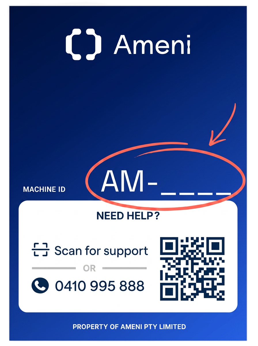 Ameni support label showing where the Machine ID is printed on an Ameni amenity